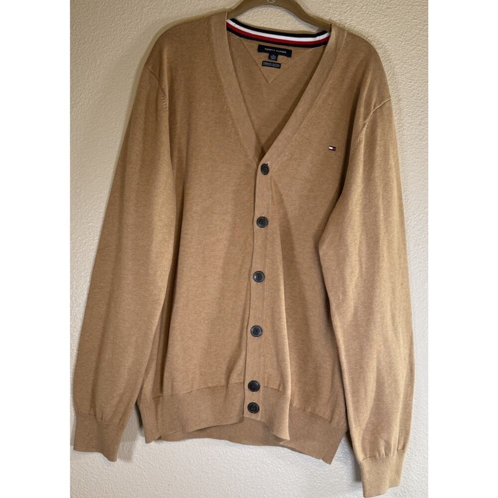 Tommy Hilfiger Men's XL Tan Premium Cotton V-Neck Button Front Cardigan Sweater